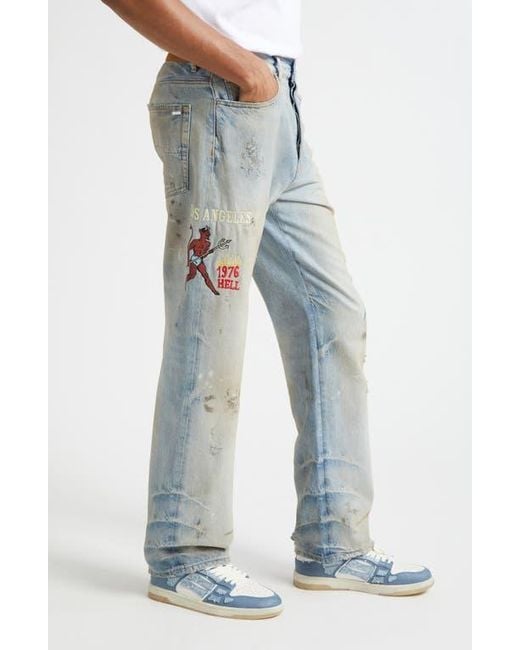 Amiri Blue Sinners Embroidered Distressed Jeans for men
