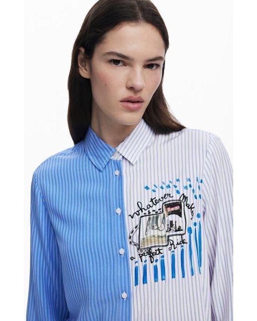 Desigual Blue Colorblock Stripe Cotton Button-Up Shirt