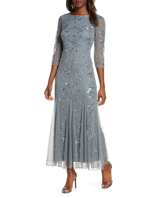 Pisarro Nights Multicolor Illusion Sleeve Beaded A-line Gown