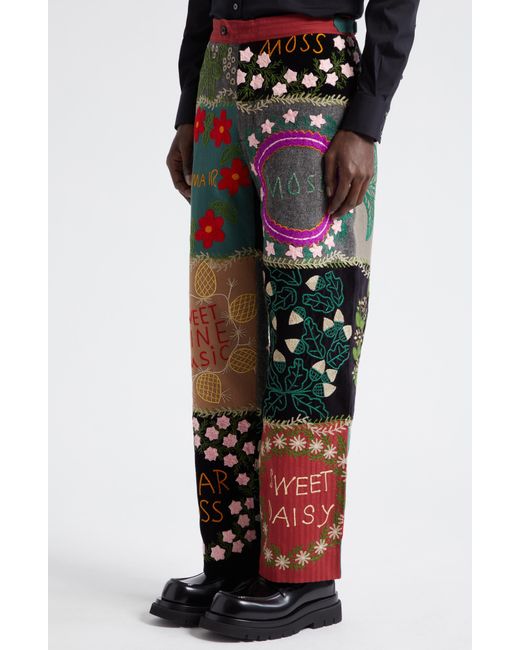 Bode Multicolor Floral Genus Embroidered Patchwork Wool & Cotton Straight Leg Pants for men