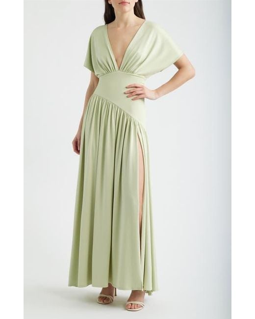delfi collective green dress DELFI Collective Plunge Neck Side Slit Gown in Green