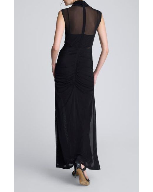 Kenneth Cole Pleated Illusion Neck Maxi Cocktail Dress in Black