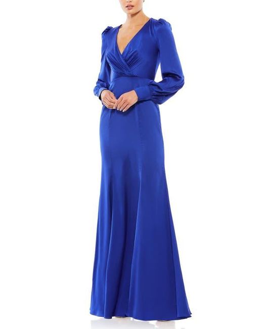 Mac Duggal Blue Satin Ruched Bishop Sleeve Gown