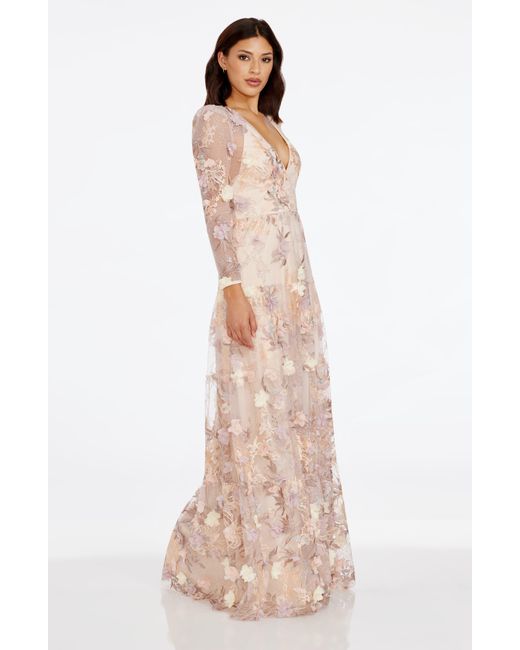 Dress the Population Natural Angelina Floral Embroidery Long Sleeve Gown