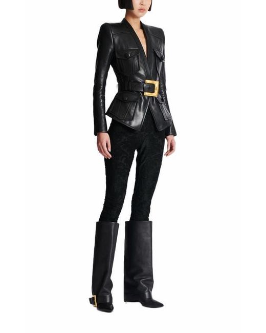 Balmain Black 1-Button Belted Leather Jacket