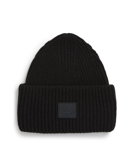 Acne Black Pansy Face Patch Rib Wool Beanie