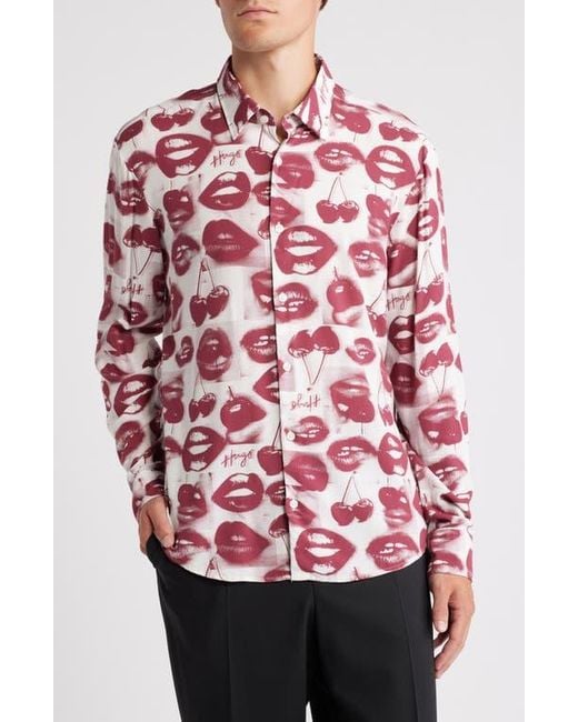 HUGO Red Ermo Lips & Print Button-Up Shirt for men