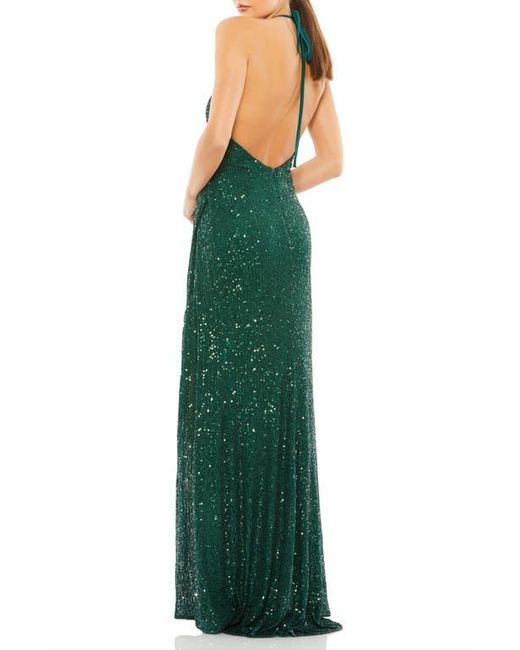 Mac Duggal Green Sequin Open Back Halter Neck Gown