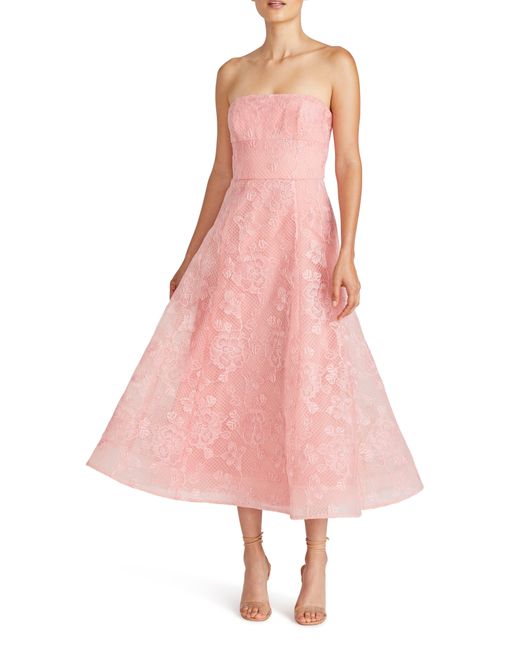 ML Monique Lhuillier Pink Louisa Lace Strapless A-line Midi Cocktail Dress