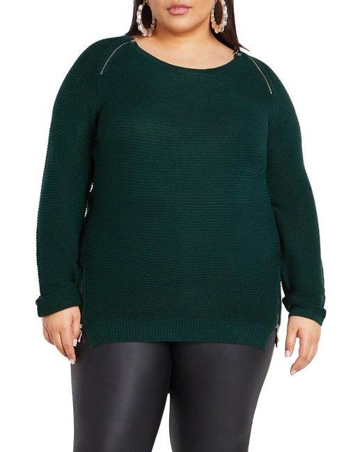 City Chic Green Zipper Accent High-low Crewneck Sweater