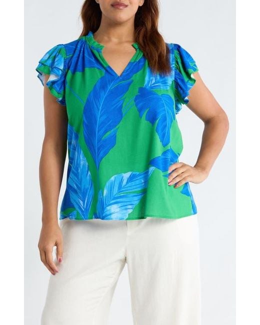 Sugarlips Blue Risette Flutter Sleeve Split Neck Top