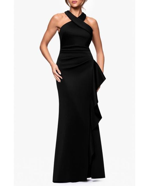 Xscape Evenings Black Ruffle Scuba Crepe Gown