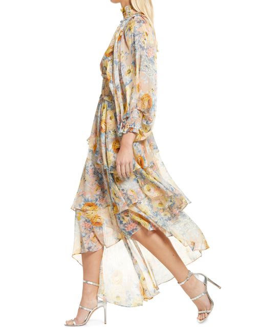 Elliatt Natural Astrid Floral Print Long Sleeve Asymmetric Chiffon Dress