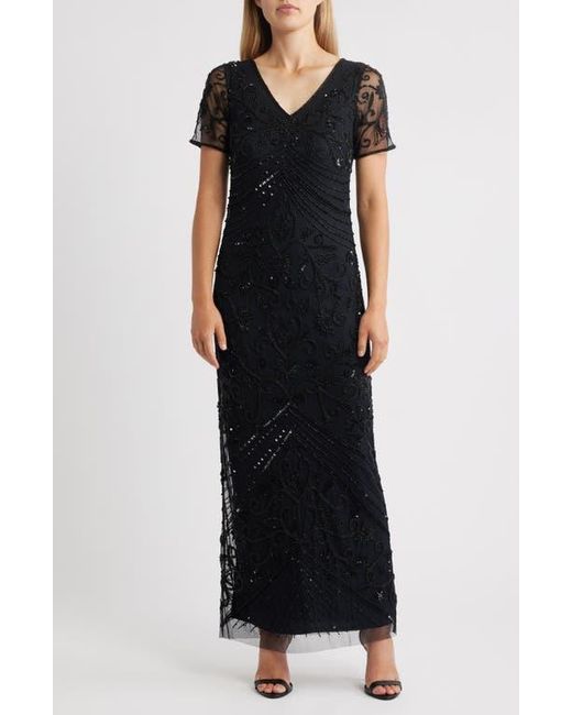 Pisarro Nights Black Beaded Mesh Gown