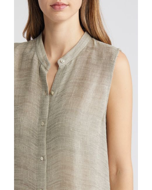 Eileen Fisher Natural Long Sleeveless Linen Blend Button-up Shirt