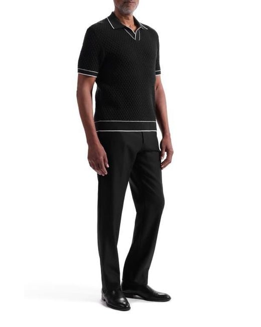 Bugatchi Black Johnny Collar Basket Stitch Cotton Blend Polo Sweater for men