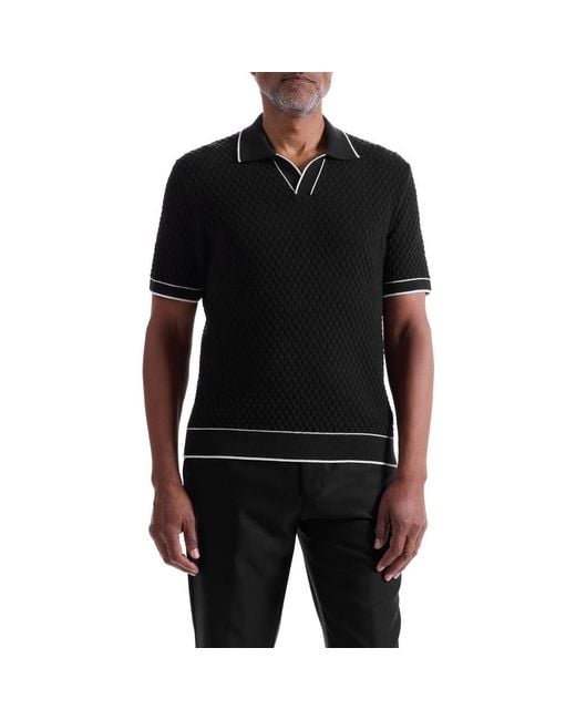 Bugatchi Black Johnny Collar Basket Stitch Cotton Blend Polo Sweater for men