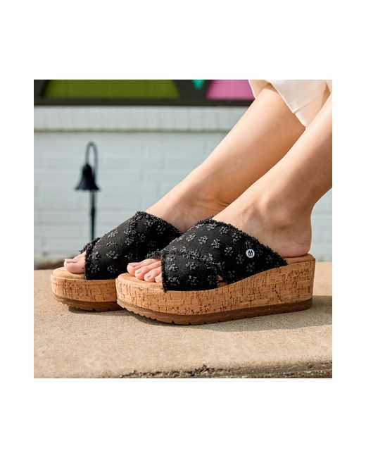 Minnetonka Black Posey Platform Wedge Slide Sandal