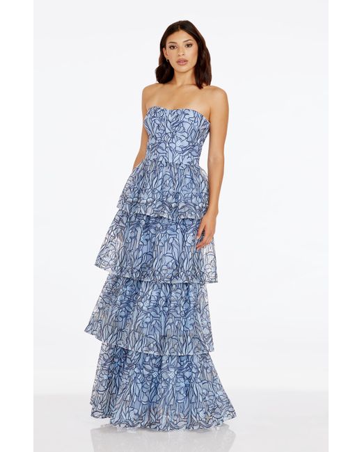 Dress the Population Blue Aubriella Beaded Floral Strapless Tiered Gown