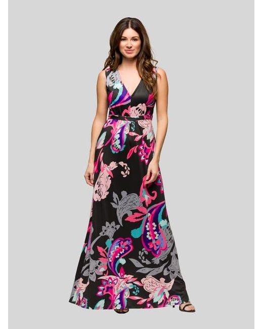 24seven Comfort Apparel White And Print V-Neck Empire Waist Sleeveless Maxi Dress