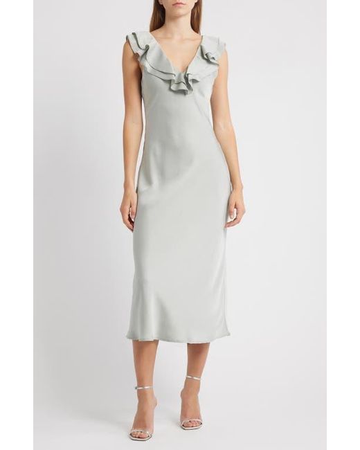 Wayf White Lida Ruffle Cap Sleeve Satin Midi Dress