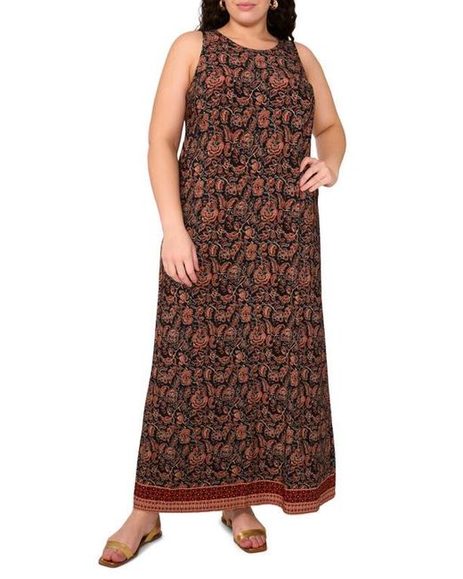 Vince Camuto Brown Floral Border Print Sleeveless Maxi Dress