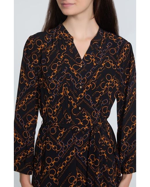 Tahari Black The Mila Chain Print Pleated Long Sleeve Stretch Silk Midi Dress