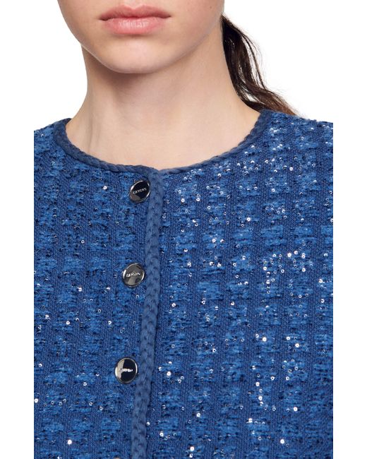 Sandro Palm Tweed Crop Cardigan in Blue Lyst