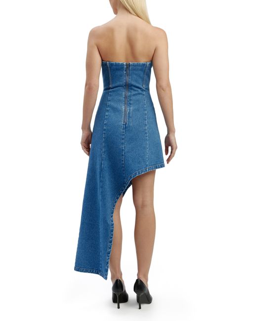 Bardot Blue Amory Strapless Asymmetric Hem Corset Denim Dress