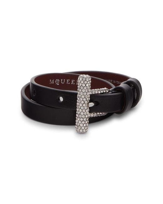 Alexander McQueen Black Crystal Pavé T-Bar Leather Wrap Bracelet