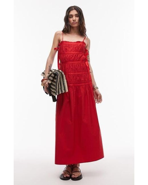 TOPSHOP Red Ruched Cotton Poplin Midi Dress
