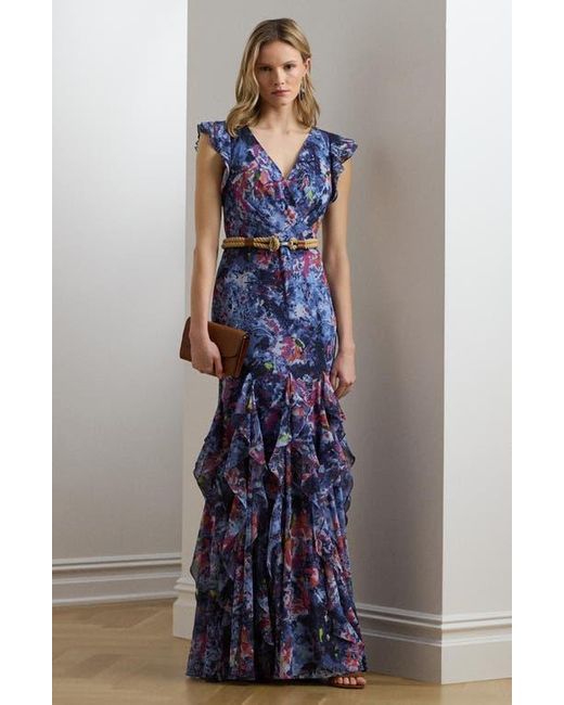 Ralph Lauren Blue Abstract Floral Ruffle Detail Crinkle Georgette Gown