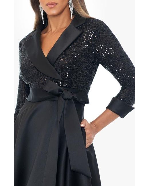 Xscape Evenings Black Sequin Long Sleeve Tux Ballgown