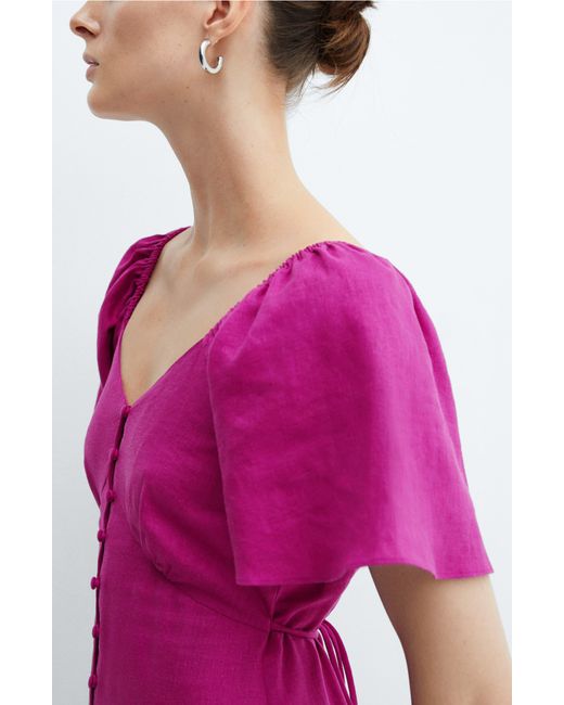 Mango Pink Flutter Sleeve Linen Blend Midi Dress
