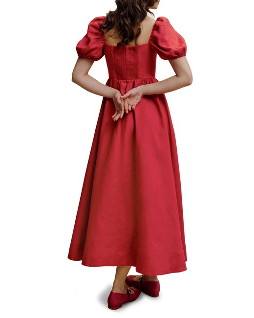 Reformation Red Marella Puff Sleeve Linen Dress