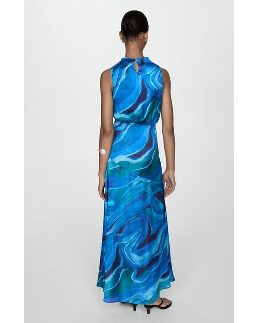 Mango Blue Abstract Print Sleeveless Satin Maxi Dress