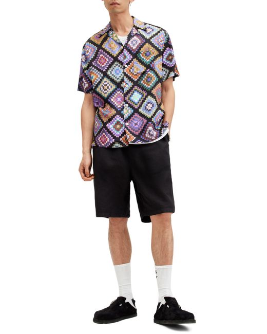 AllSaints Black Tunar Relaxed Fit Crochet Print Camp Shirt for men