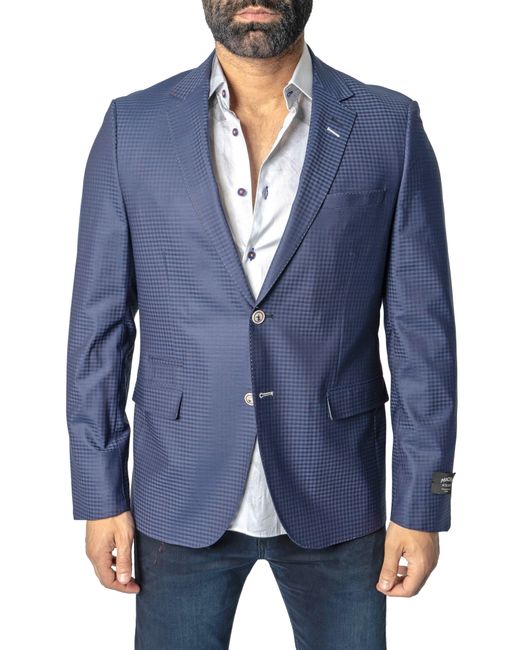 Maceoo Blue Socrates Check Stretch Wool Blend Blazer for men