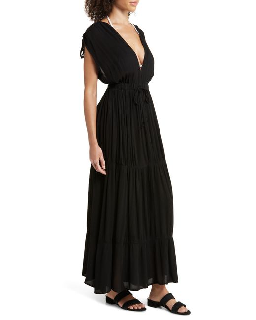 Elan Black Ruched Tiered Cover-up Maxi Dress
