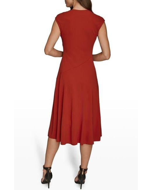 Donna Karan Red Faux Wrap Jersey Midi Dress