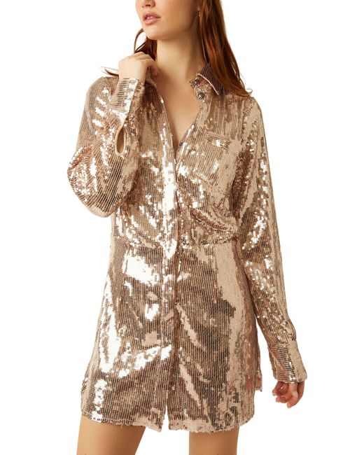 Free People Natural Sophie Sequin Long Sleeve Shirtdress