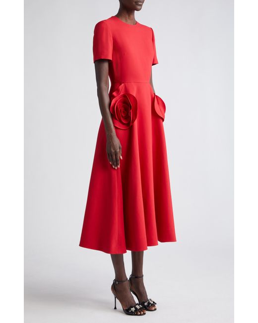 Valentino Garavani Red Rosette Detail Crepe Couture Midi Dress