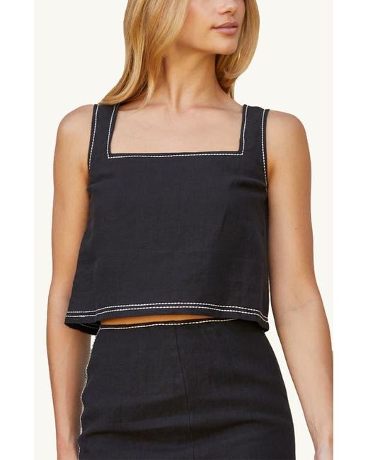 Crescent Black Embroidered Contrast Stitch Square Neck Linen Top