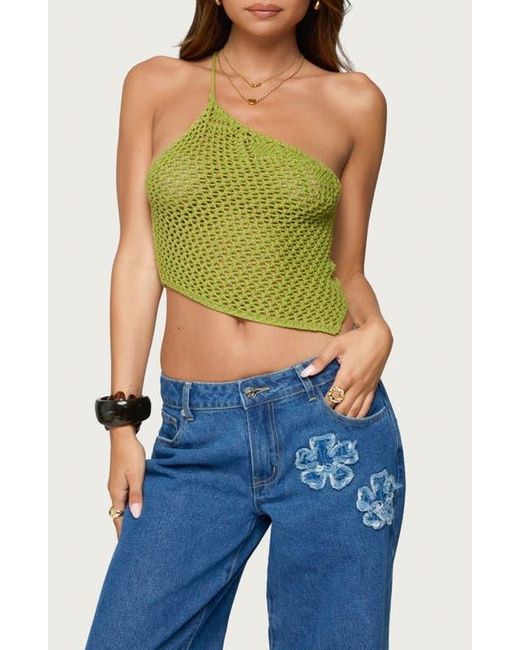 Edikted Green Daley Asymmetric One-Shoulder Sheer Crop Top