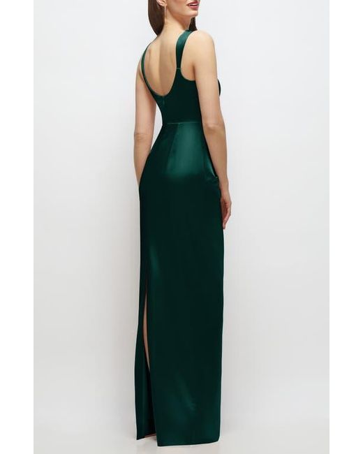 After Six Green Square Neck Satin Charmeuse Column Gown