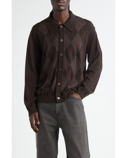 Our Legacy Black Evening Polo Argyle Wool Cardigan for men