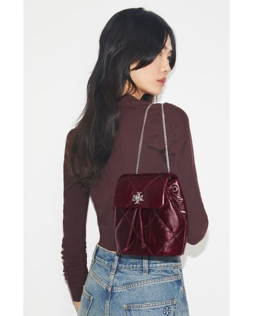 Tory Burch Red Kira Distressed Diamond Quilted Leather Backpack