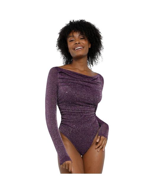 Popilush Purple Shapewear Metallic Knit Long Sleeve Slimming Bodysuit