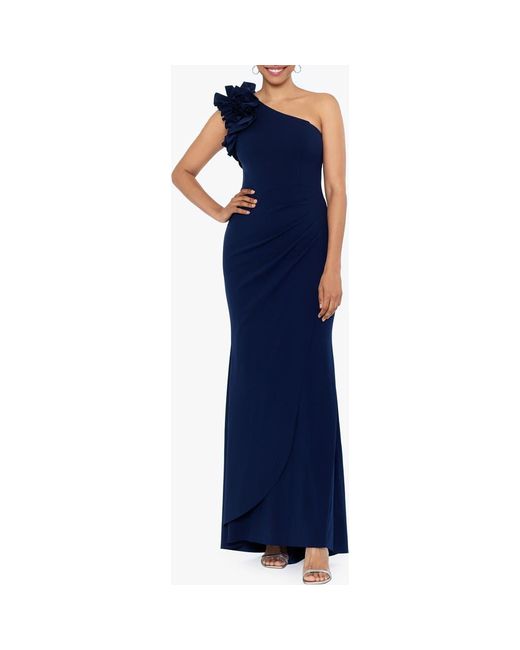 Xscape Evenings Blue Ruffle One-Shoulder Scuba Crepe Gown