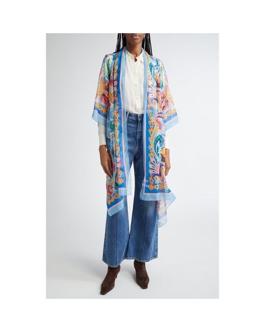 Etro Blue Paisley Silk Cape Scarf